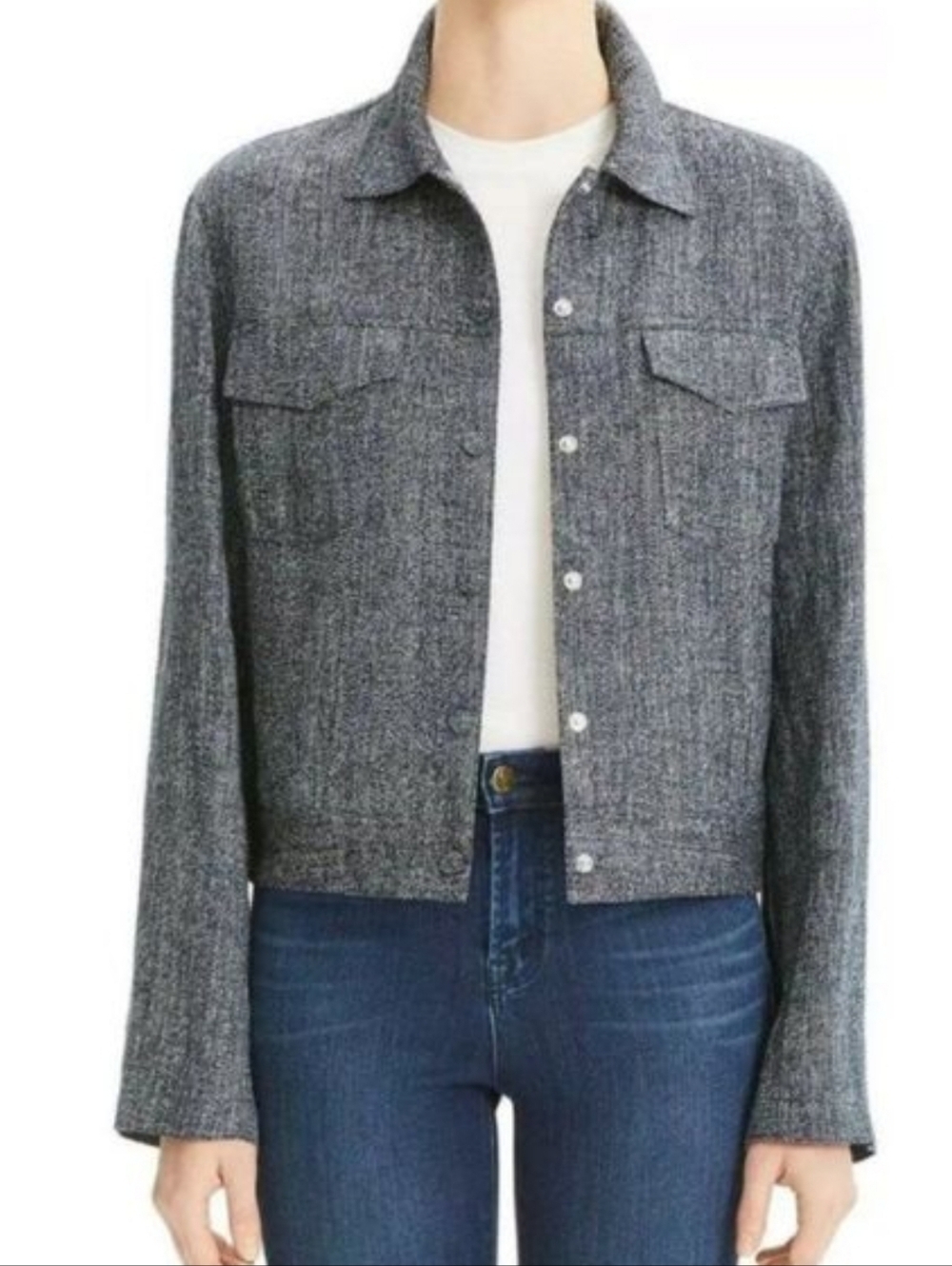 Theory Blue Herringbone Linen Blend Trucker Jacket Size S Oversized